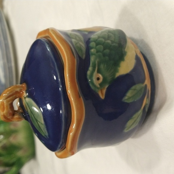 Henriksen Navy blue majolica jam sugar pot bird branches hand painted stoneware - Picture 7 of 8